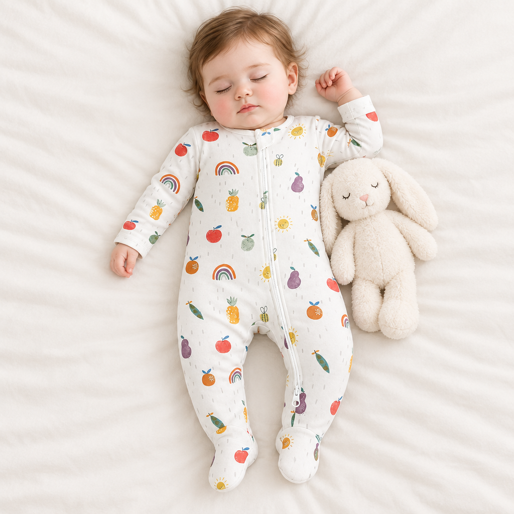 Bébé fille endormie, pyjama fruits, zip corrigé