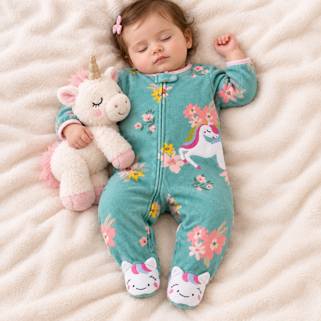 Bébé fille endormie, pyjama licorne floral turquoise
