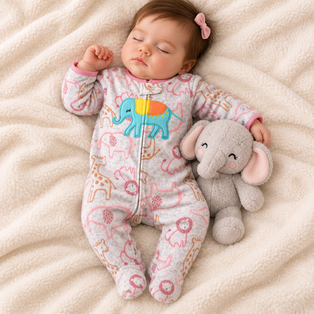 Bébé fille endormie, pyjama safari gris