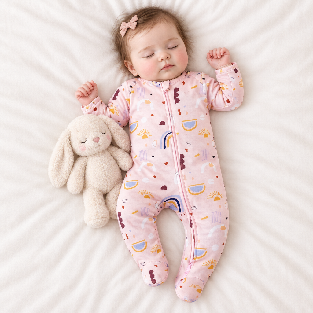 Bébé fille endormie, pyjama soleil/arc-en-ciel