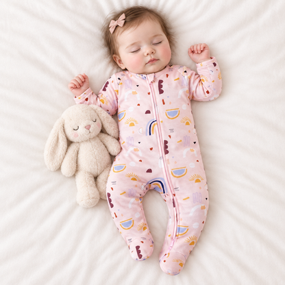 Bébé fille endormie, pyjama soleil/arc-en-ciel