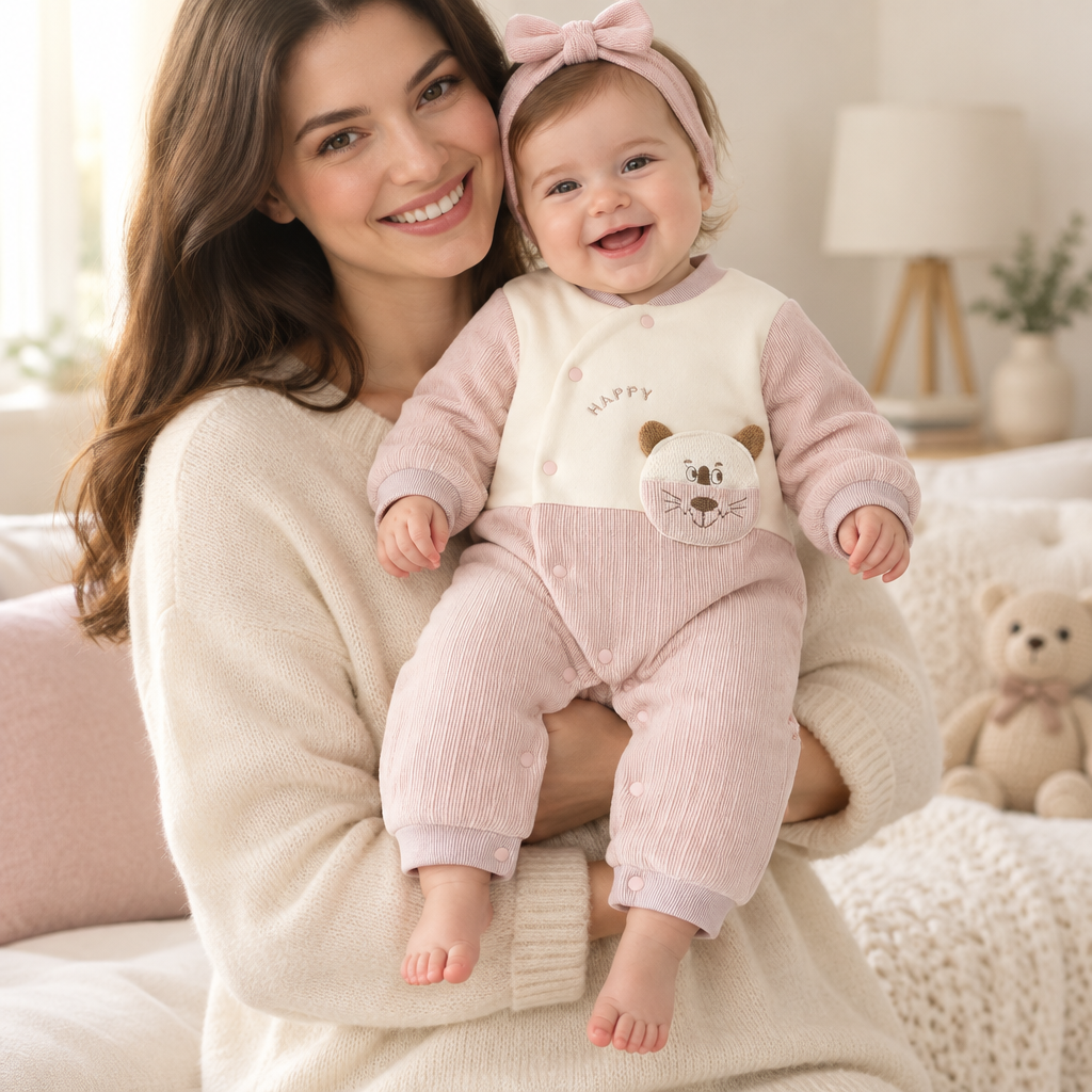 Bébé fille portée par sa maman, pieds visibles