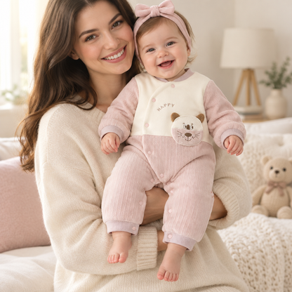 Bébé fille portée par sa maman, pieds visibles