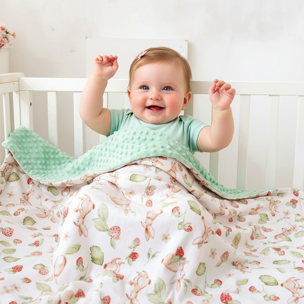 Bébé fille souriant – vraie couverture lapins fraises vert – crib – 1:1