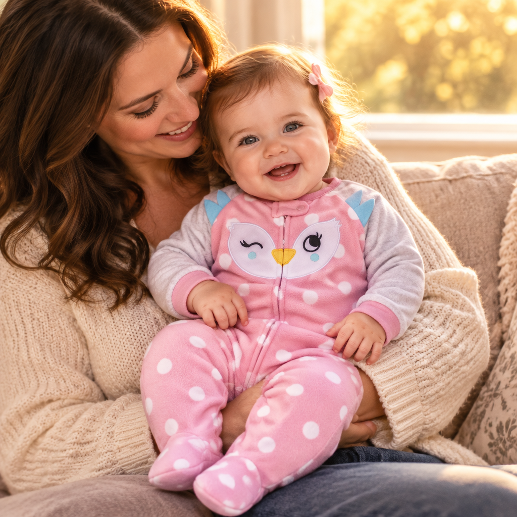 Bébé fille souriante câlinée par sa maman sur un canapé, pyjama hibou rose