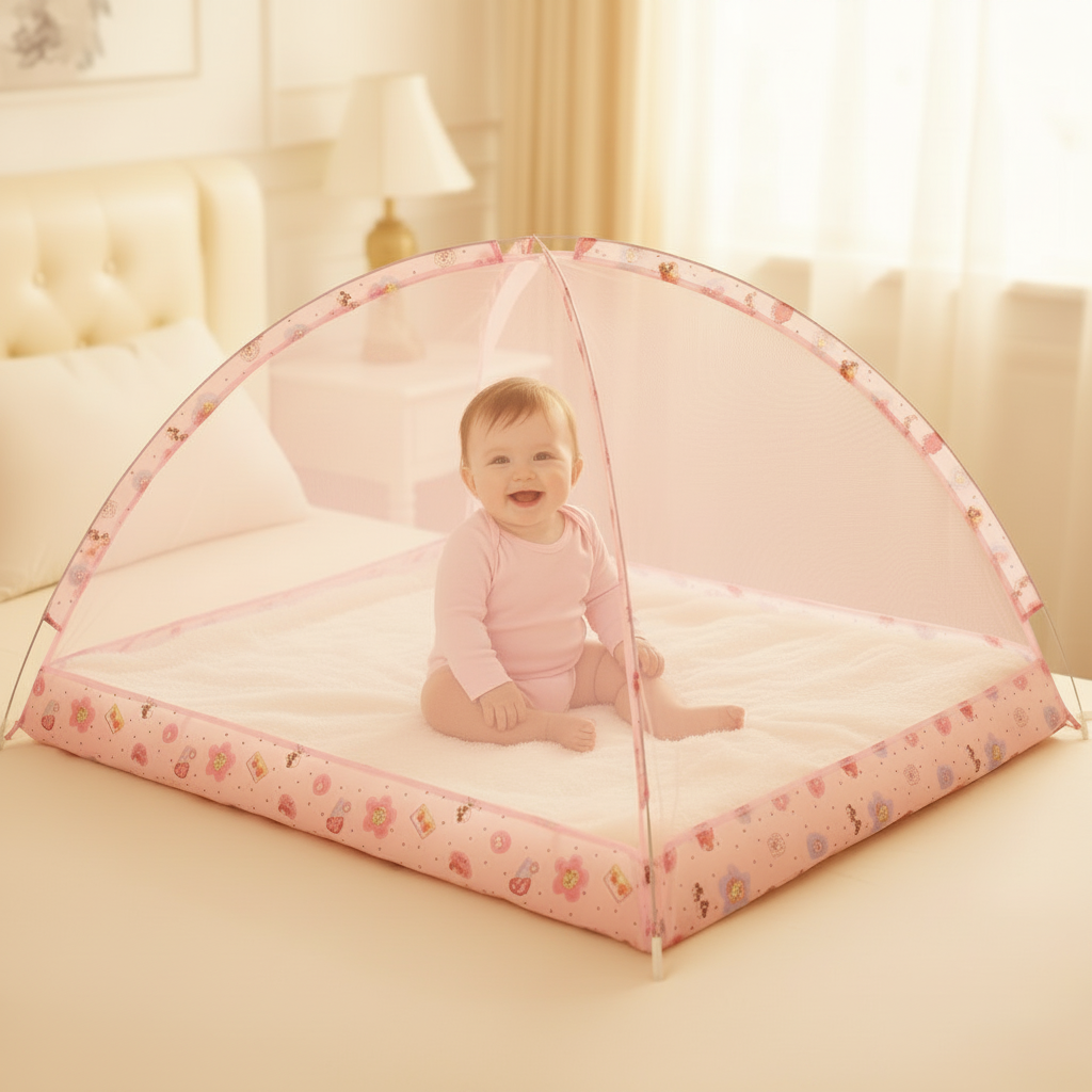 Bébé fille souriante – moustiquaire rose – lit crème – 1:1