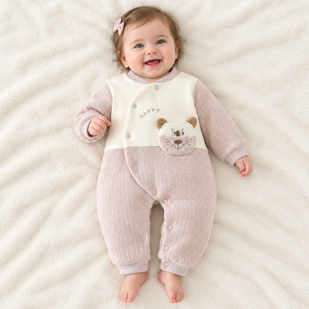 Bébé fille souriante, pyjama rose pâle HAPPY
