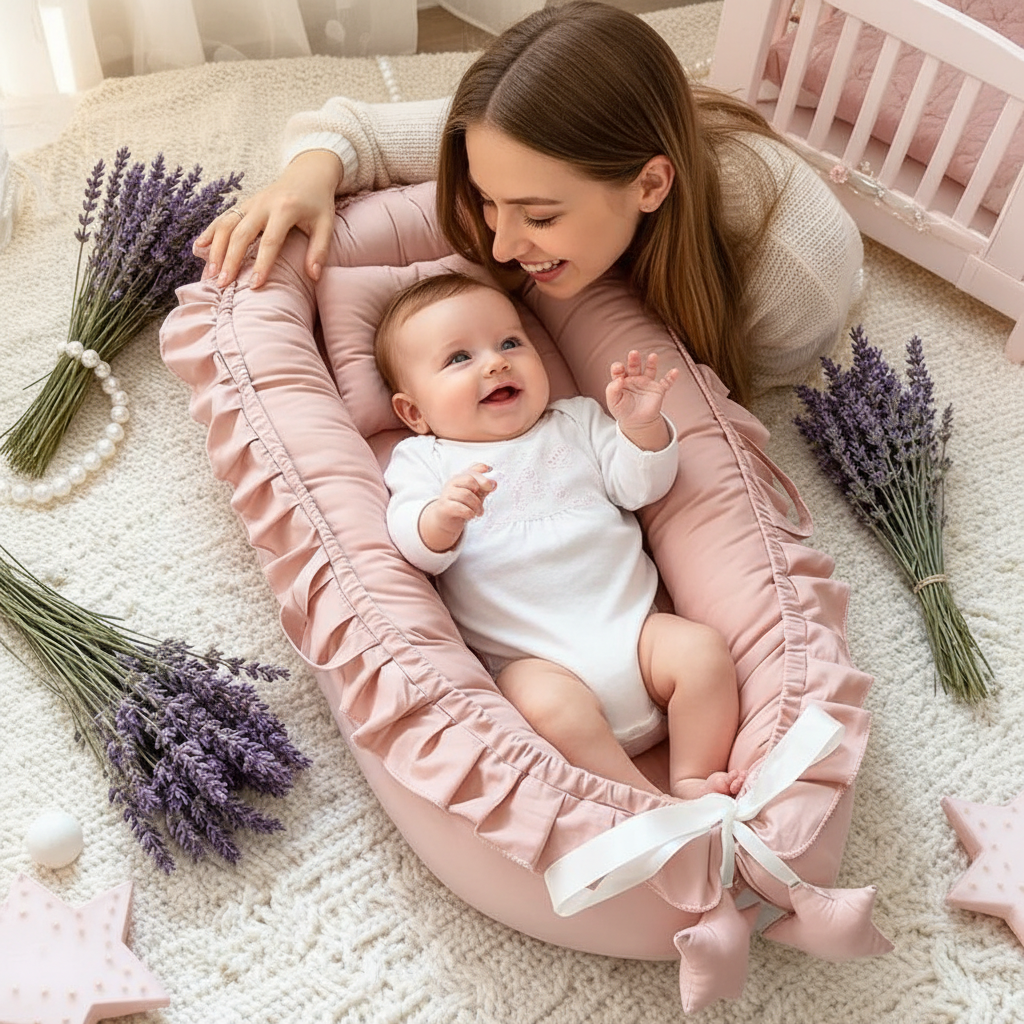 Bébé fille souriante à sa maman – réducteur vieux rose – lavande – 1:1