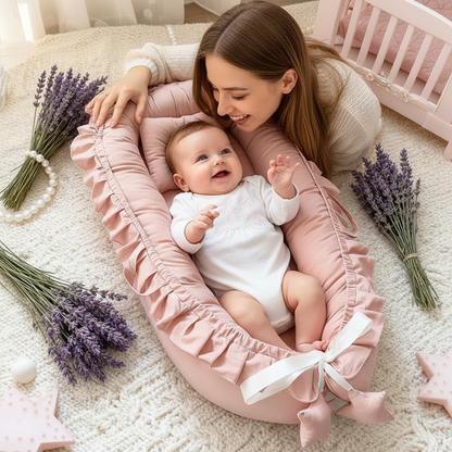 Bébé fille souriante à sa maman – réducteur vieux rose – lavande – 1:1
