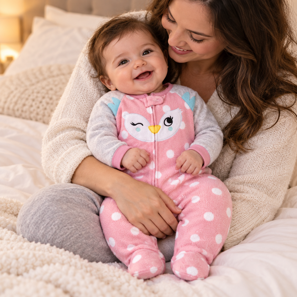 Bébé fille sur le lit avec sa maman qui la câline tendrement, pyjama hibou rose
