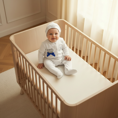 Bébé garçon assis avec le pyjama blanc et le bonnet