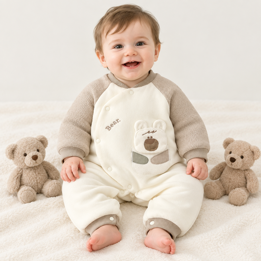 Bébé garçon assis entre deux oursons, pyjama Bear crème/beige