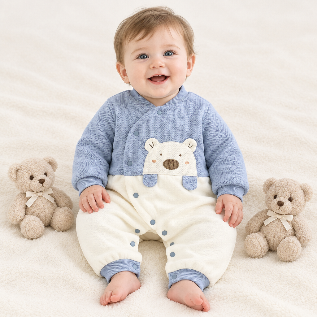 Bébé garçon assis entre deux peluches, pyjama bleu ourson