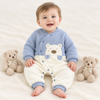 Bébé garçon assis entre deux peluches, pyjama bleu ourson