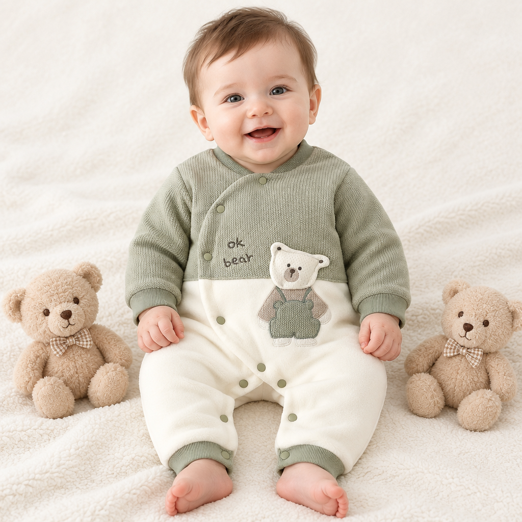 Bébé garçon assis entre ses peluches en pyjama vert ok bear