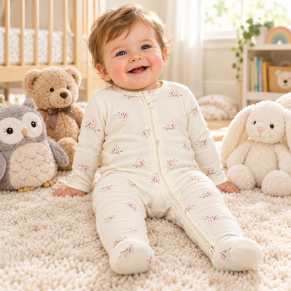 Bébé garçon assis parmi ses peluches, pyjama chouettes