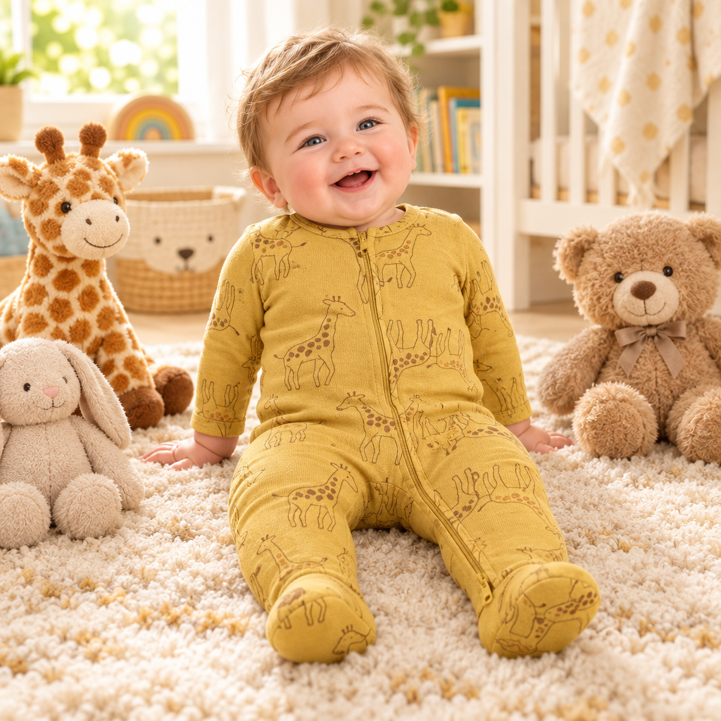 Bébé garçon assis parmi ses peluches, pyjama girafe