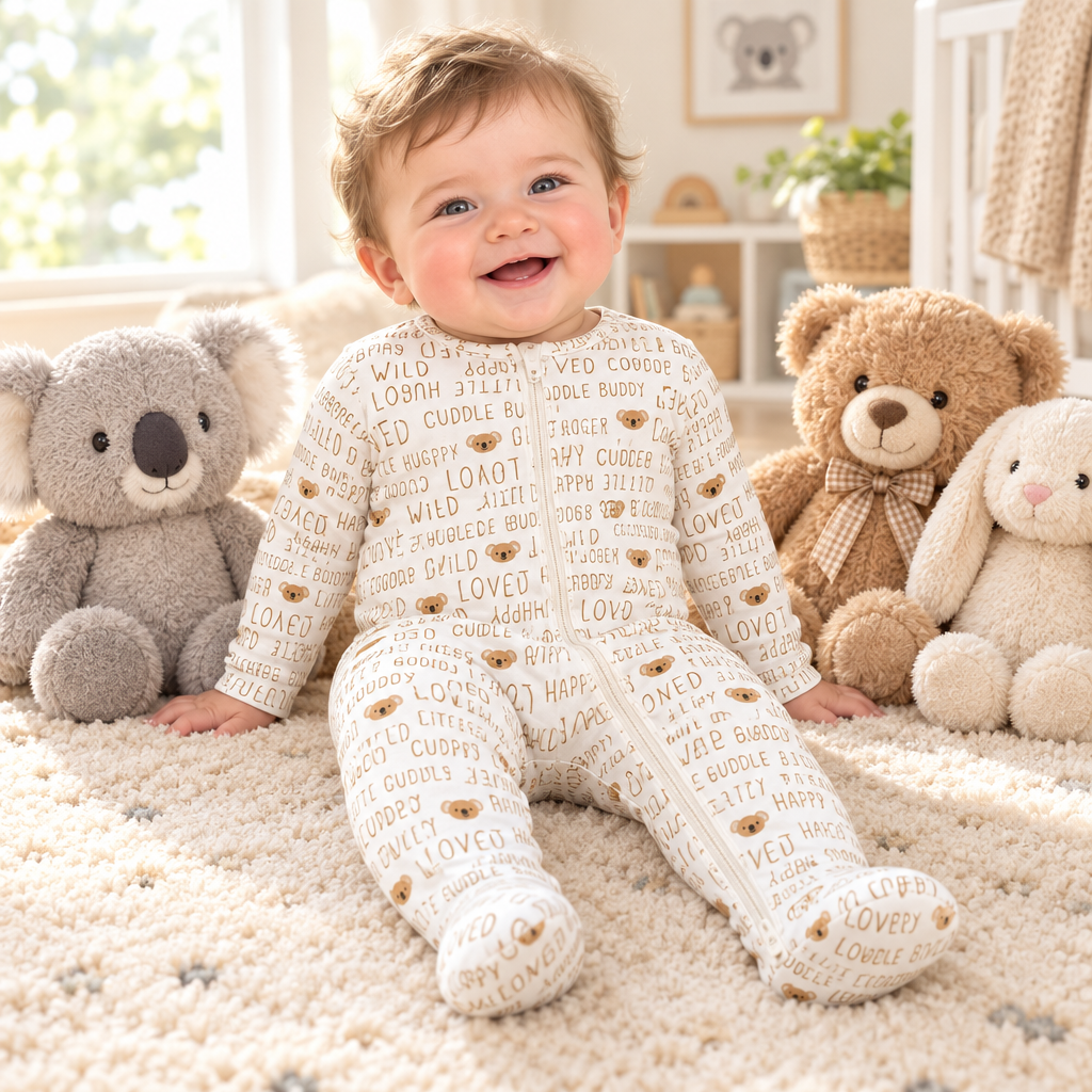Bébé garçon assis parmi ses peluches, pyjama koala, zip corrigé