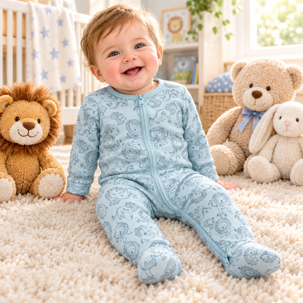 Bébé garçon assis parmi ses peluches, pyjama lion bleu