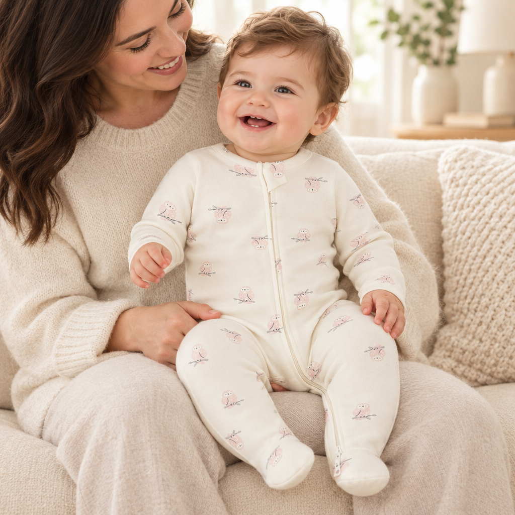 Bébé garçon avec sa maman, pyjama chouettes