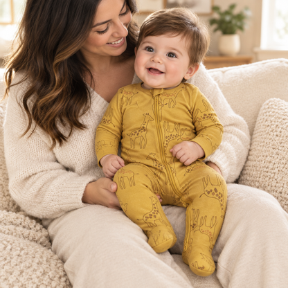 Bébé garçon avec sa maman, pyjama girafe