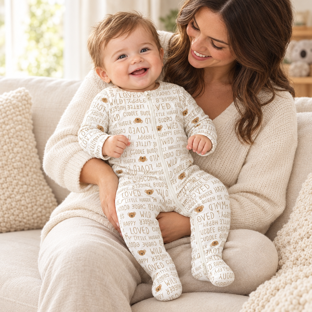Bébé garçon avec sa maman, pyjama koala, zip corrigé