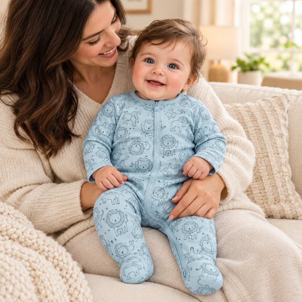 Bébé garçon avec sa maman, pyjama lion bleu