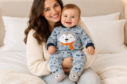 Bébé garçon avec sa maman, pyjama loup forêt