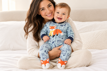 Bébé garçon avec sa maman, pyjama renard orange