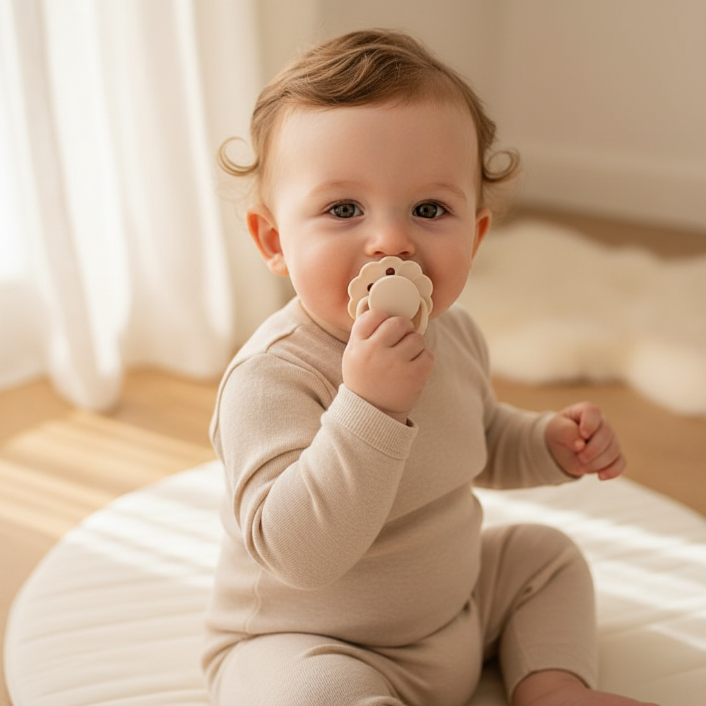 Bébé garçon avec tétine beige