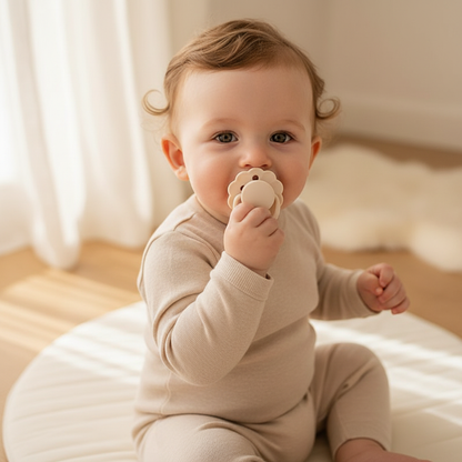 Bébé garçon avec tétine beige