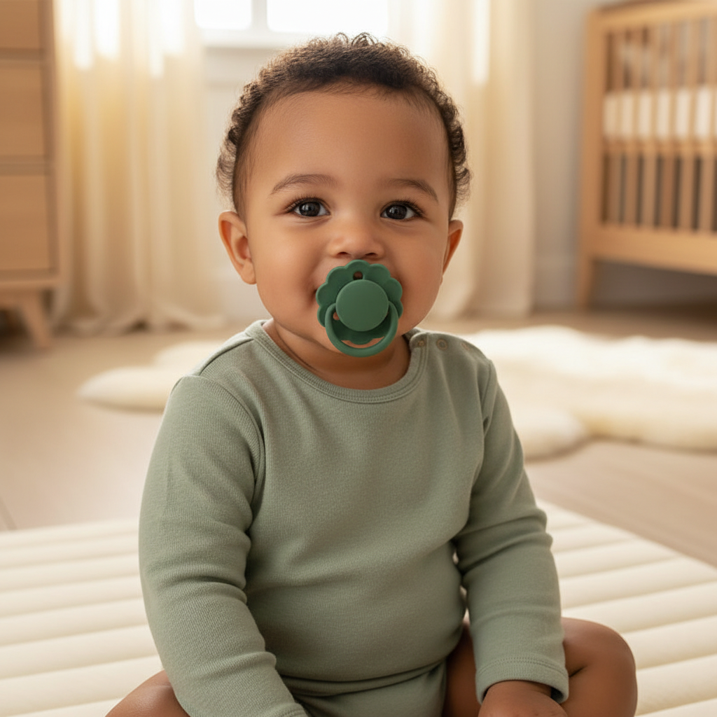 Bébé garçon avec tétine verte