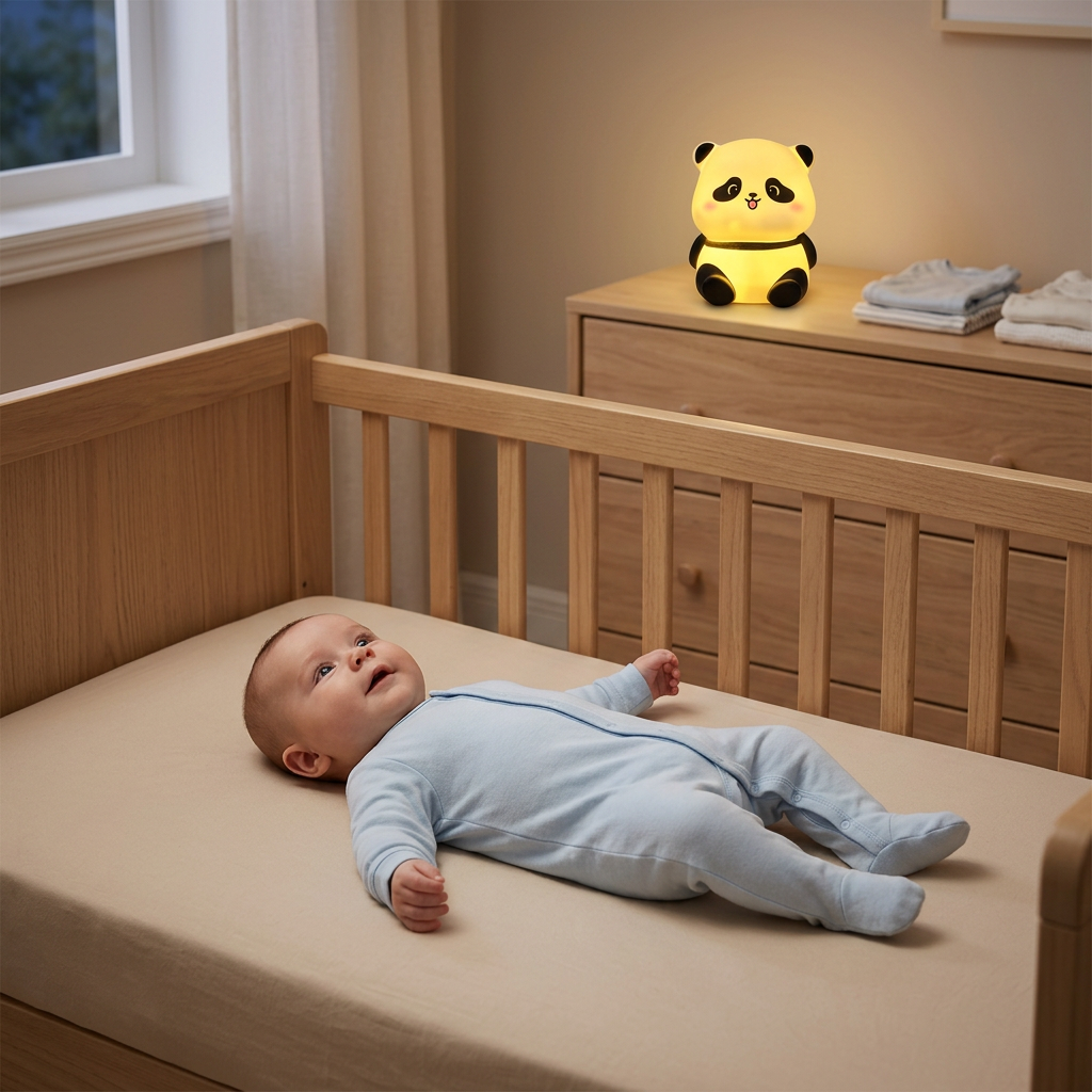 Bébé garçon dans son berceau avec la veilleuse panda assis