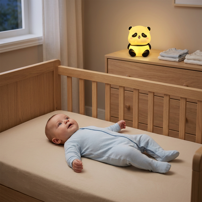 Bébé garçon dans son berceau avec la veilleuse panda assis