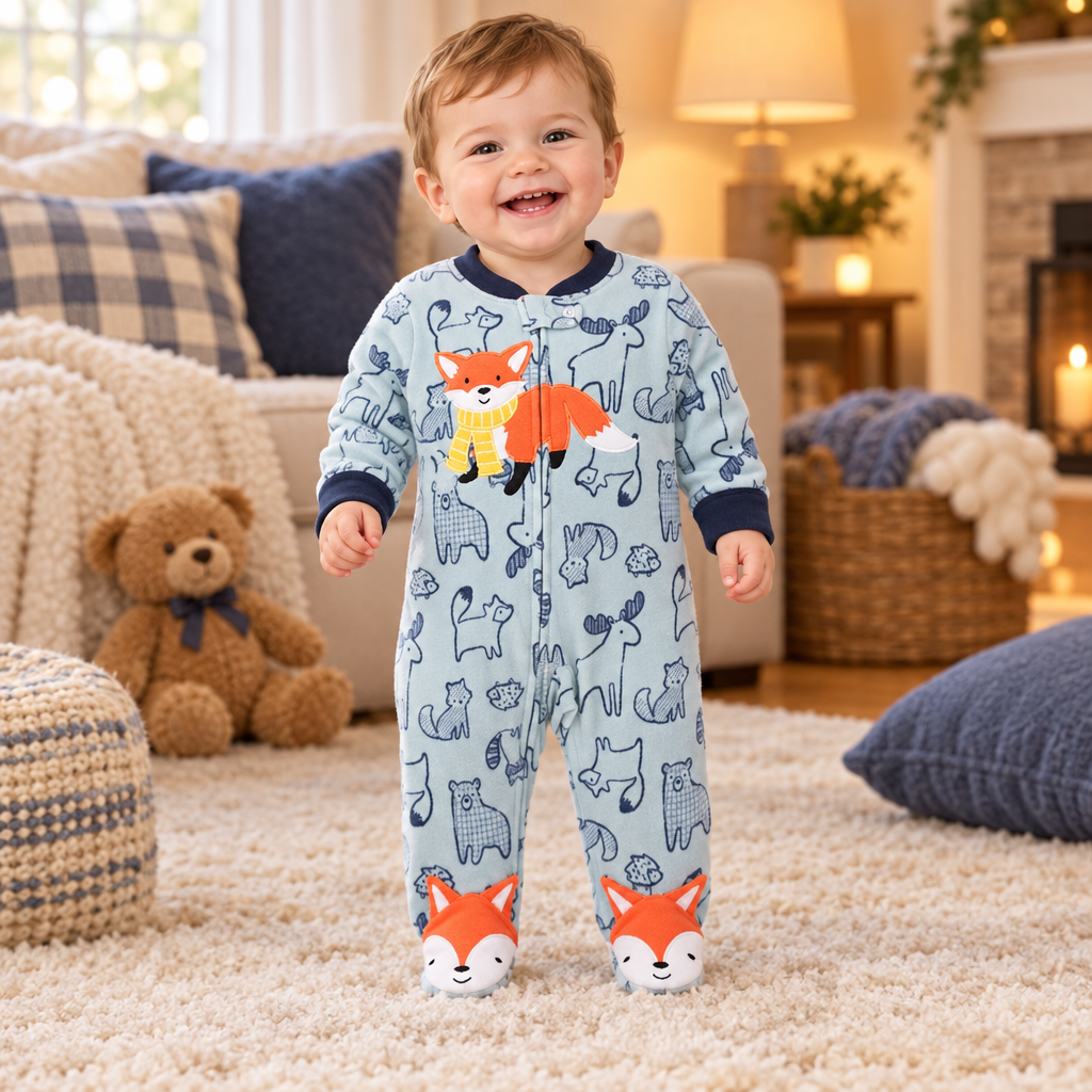 Bébé garçon debout souriant, pyjama renard orange