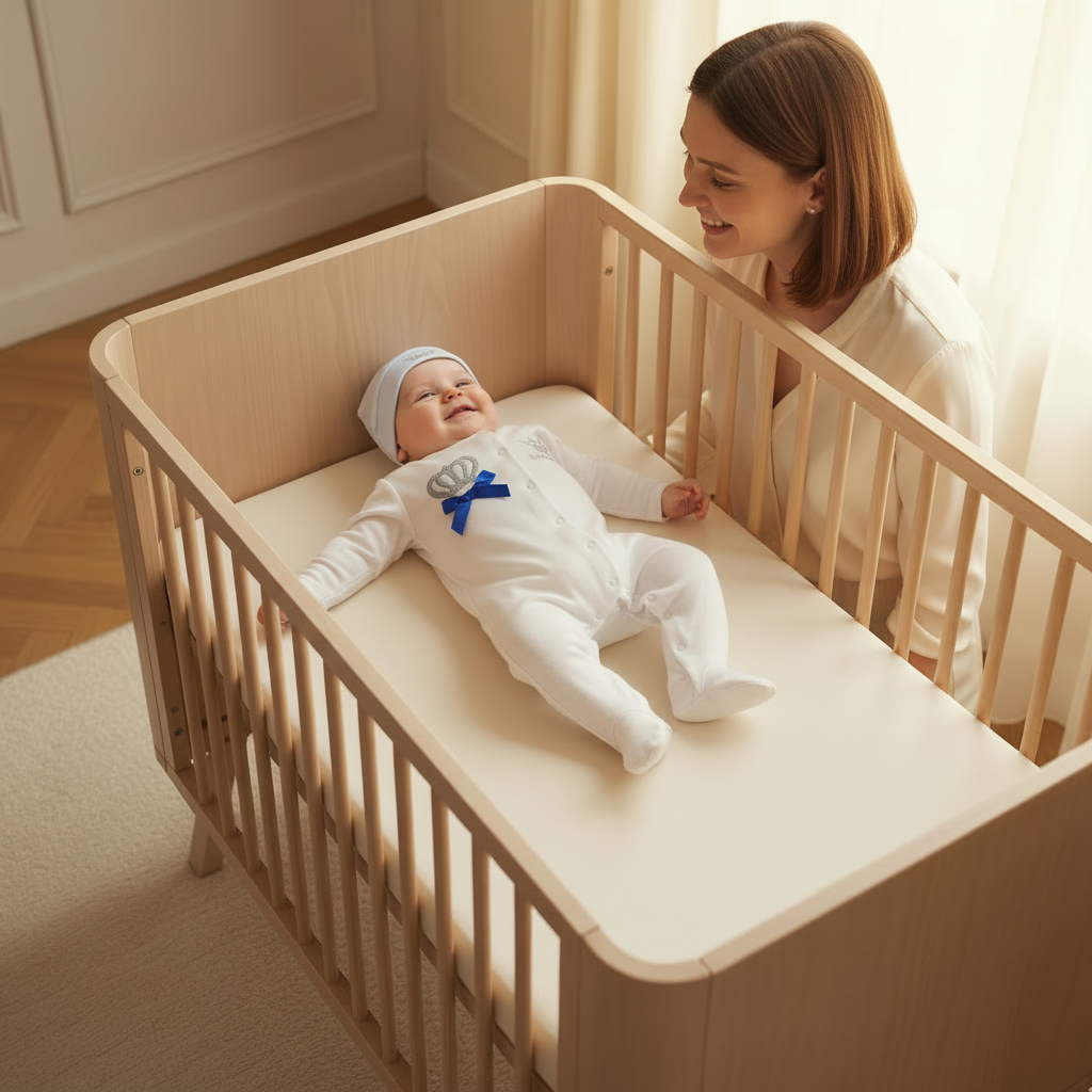 Bébé garçon en pyjama blanc souriant à sa maman