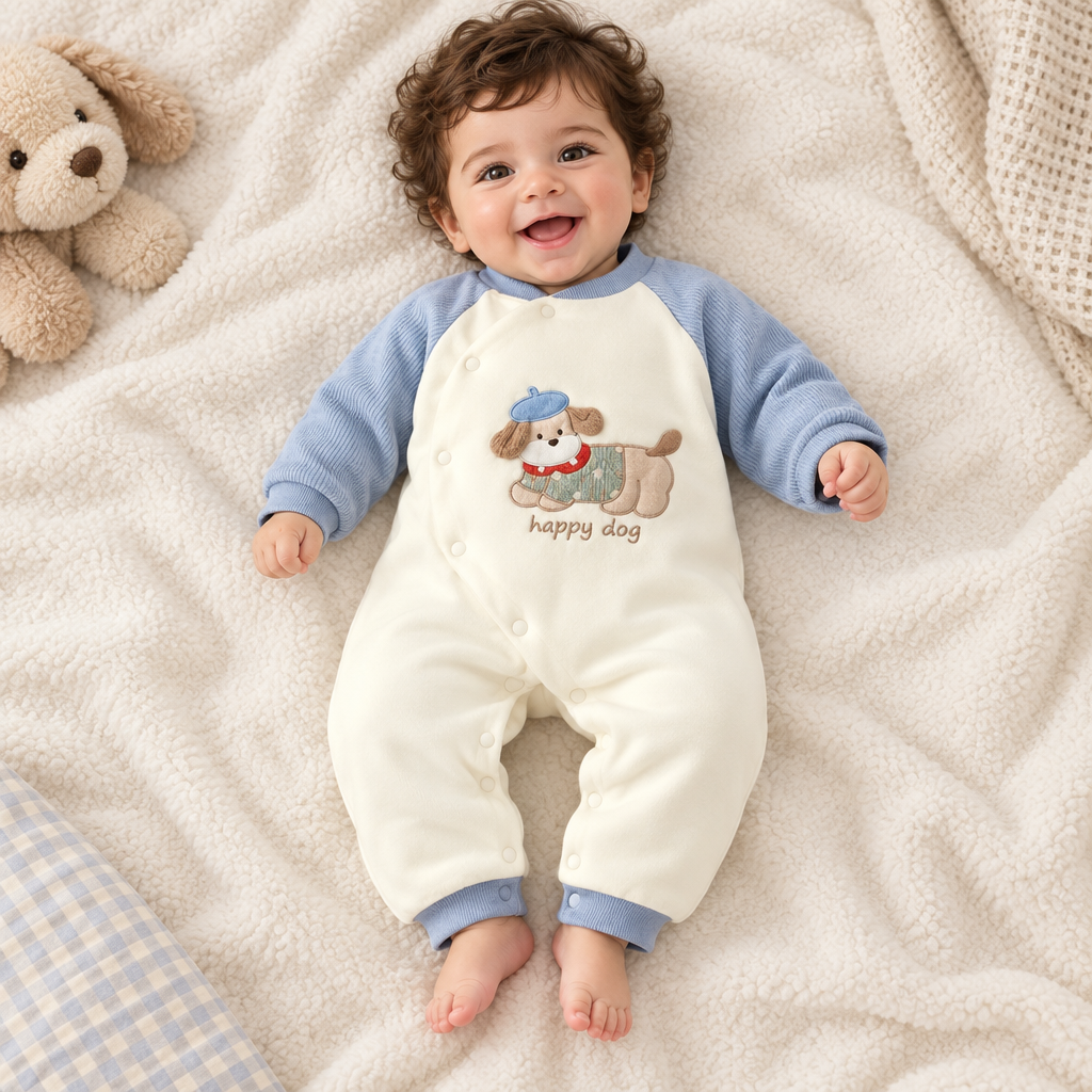 Bébé garçon en pyjama bleu, "happy dog" visible