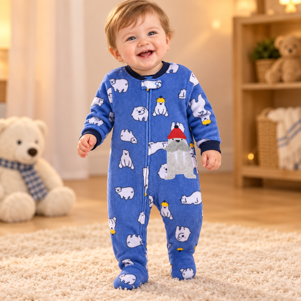 Bébé garçon en scène libre, pyjama ourson polaire bleu