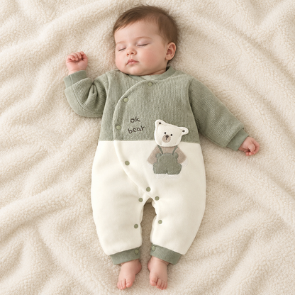 Bébé garçon endormi en pyjama vert ok bear