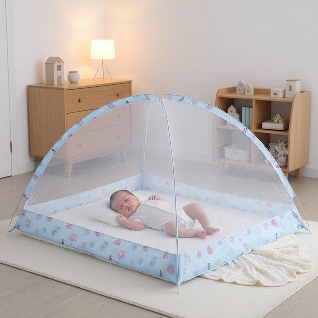 Bébé garçon endormi – moustiquaire bleue – décor scandinave – 1:1