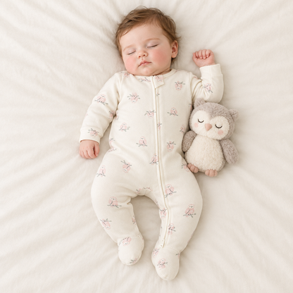 Bébé garçon endormi, pyjama chouettes