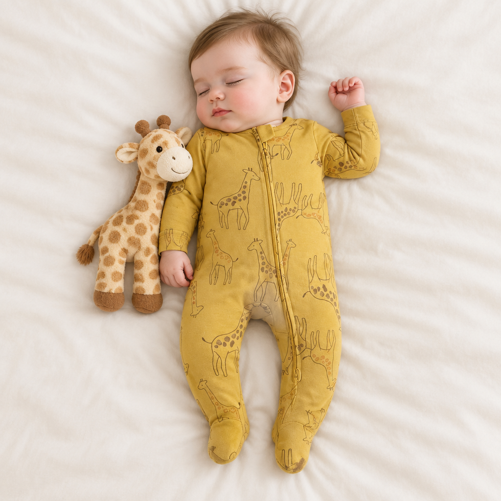 Bébé garçon endormi, pyjama girafe