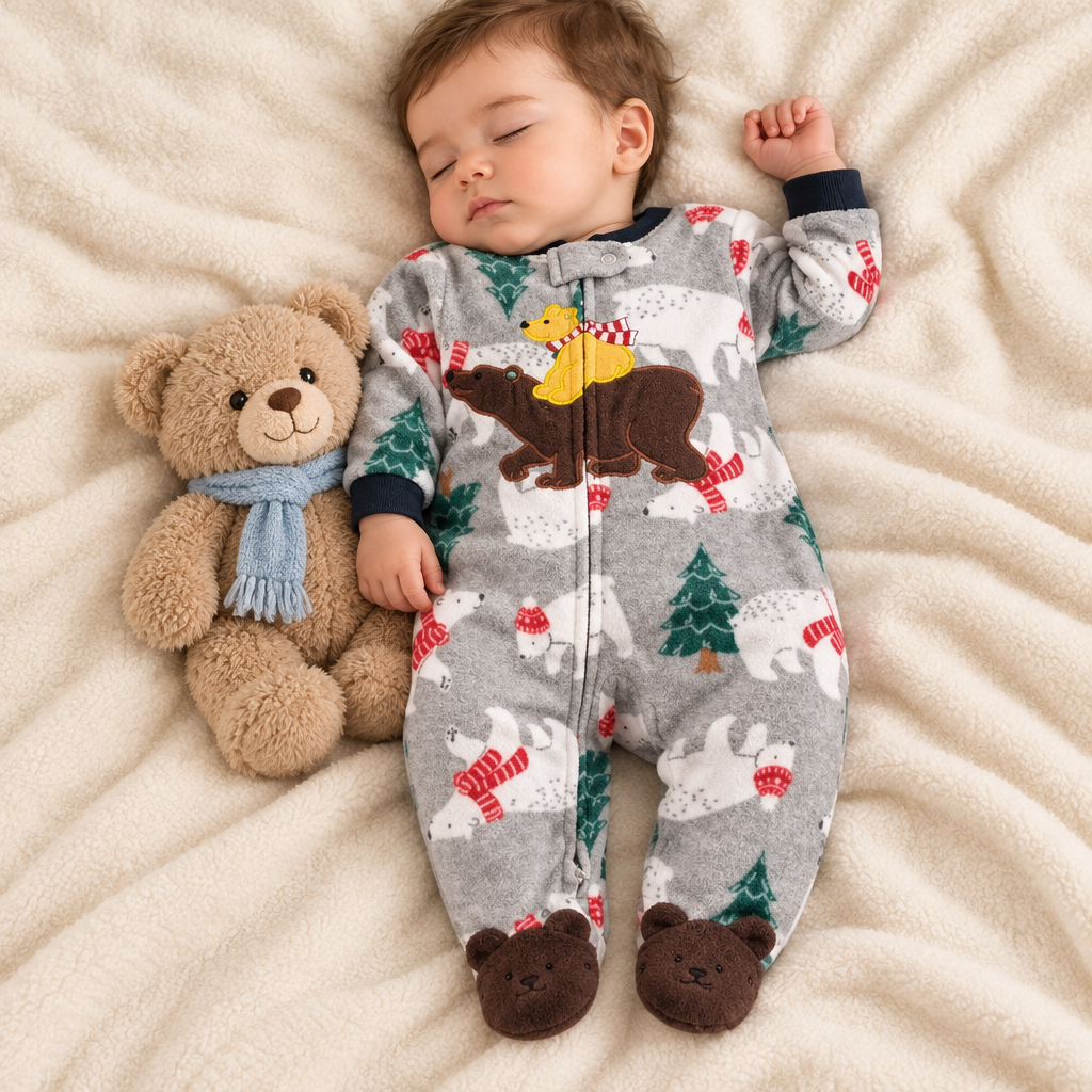 Bébé garçon endormi, pyjama gris ours polaire