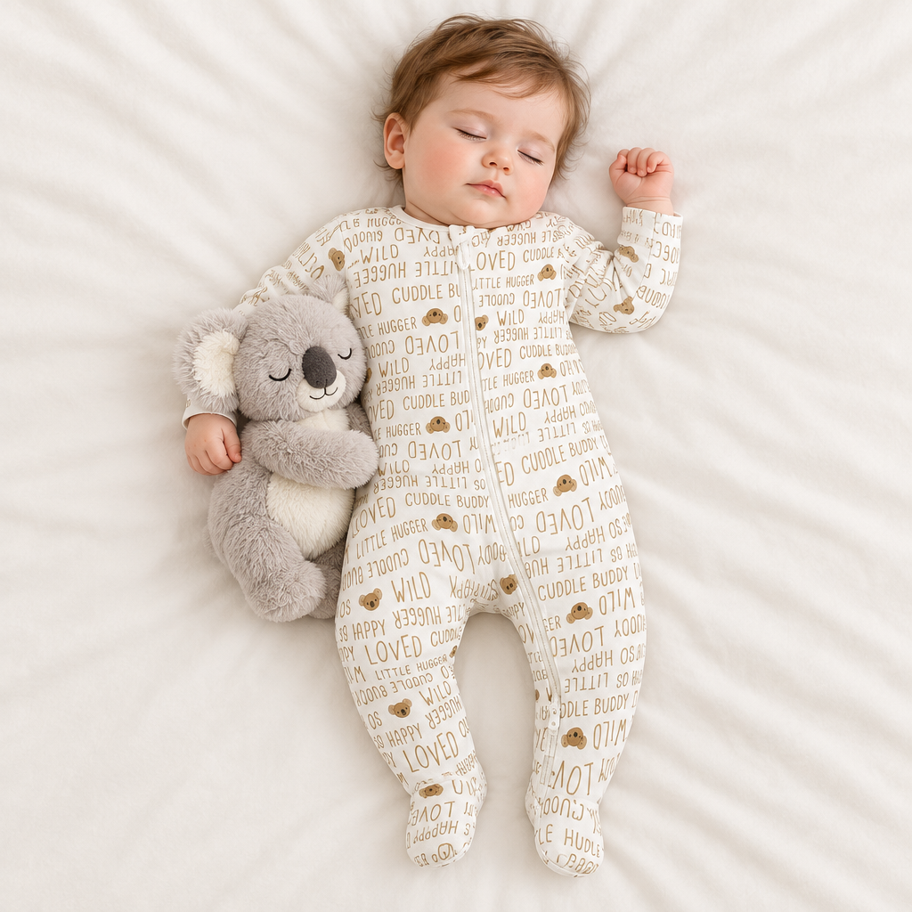 Bébé garçon endormi, pyjama koala, zip corrigé