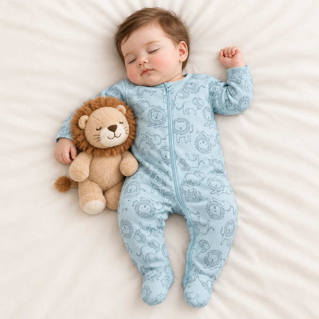 Bébé garçon endormi, pyjama lion bleu
