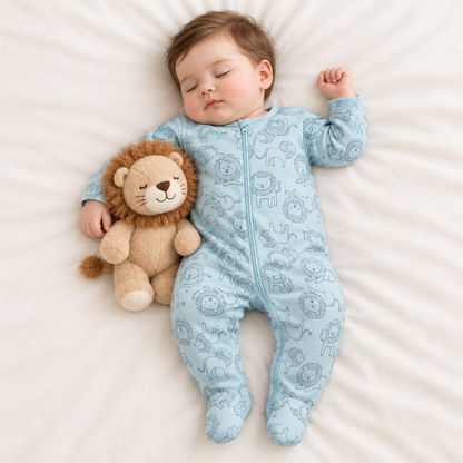 Bébé garçon endormi, pyjama lion bleu