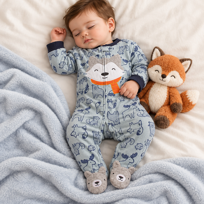Bébé garçon endormi, pyjama loup forêt