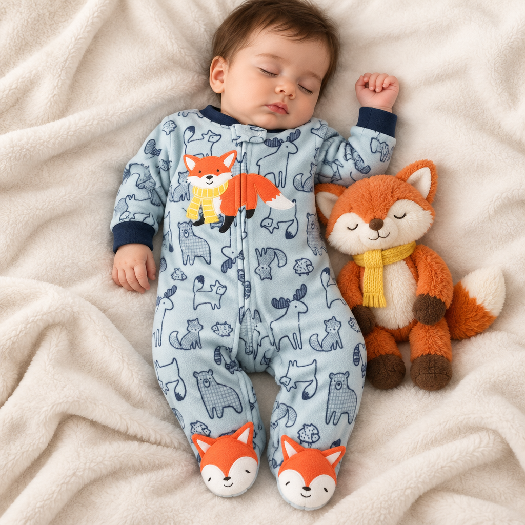 Bébé garçon endormi, pyjama renard orange