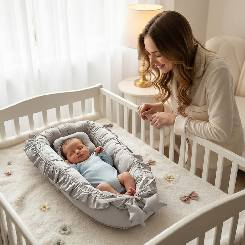 Bébé garçon endormi – réducteur gris – maman souriante – 1:1