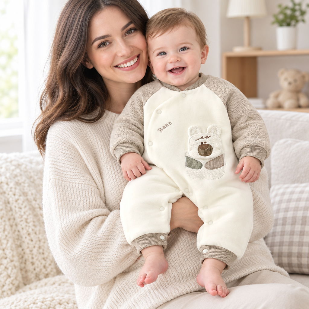 Bébé garçon porté par sa maman, pyjama Bear crème/beige